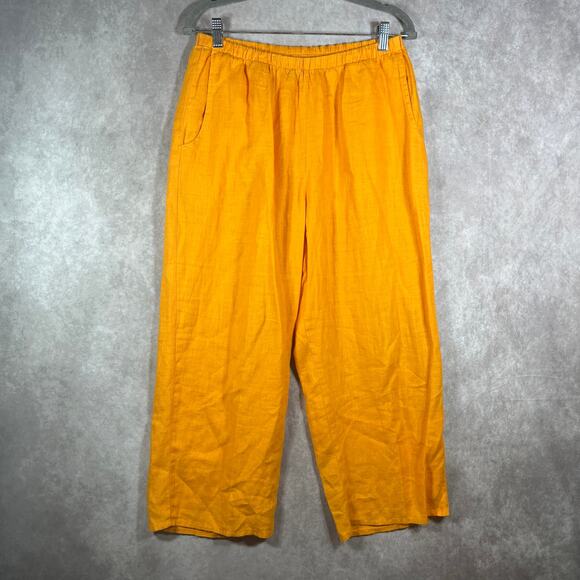 Flax Pants Womens Small Yellow Linen Cropped Pull On Lagenlook Travel Vacation - Picture 1 of 11